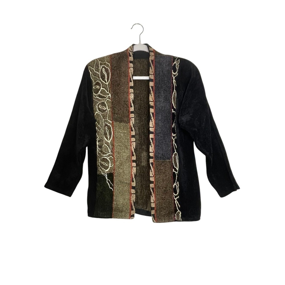 Vintage Patchwork Open Front Cardigan M Art to Wear Embroidered Chenille Jacket